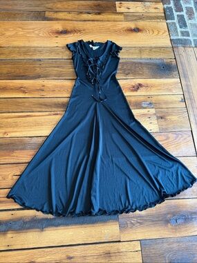 Y2K Vntg Front Tie Burg'ndge Sz L Black Ruffle-Trim A-Line Maxi Dress